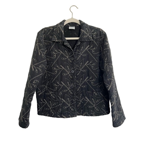 Vintage Jackets & Blazers - Vintage Linen Quilted & Embroidered Jacket Black Size Small